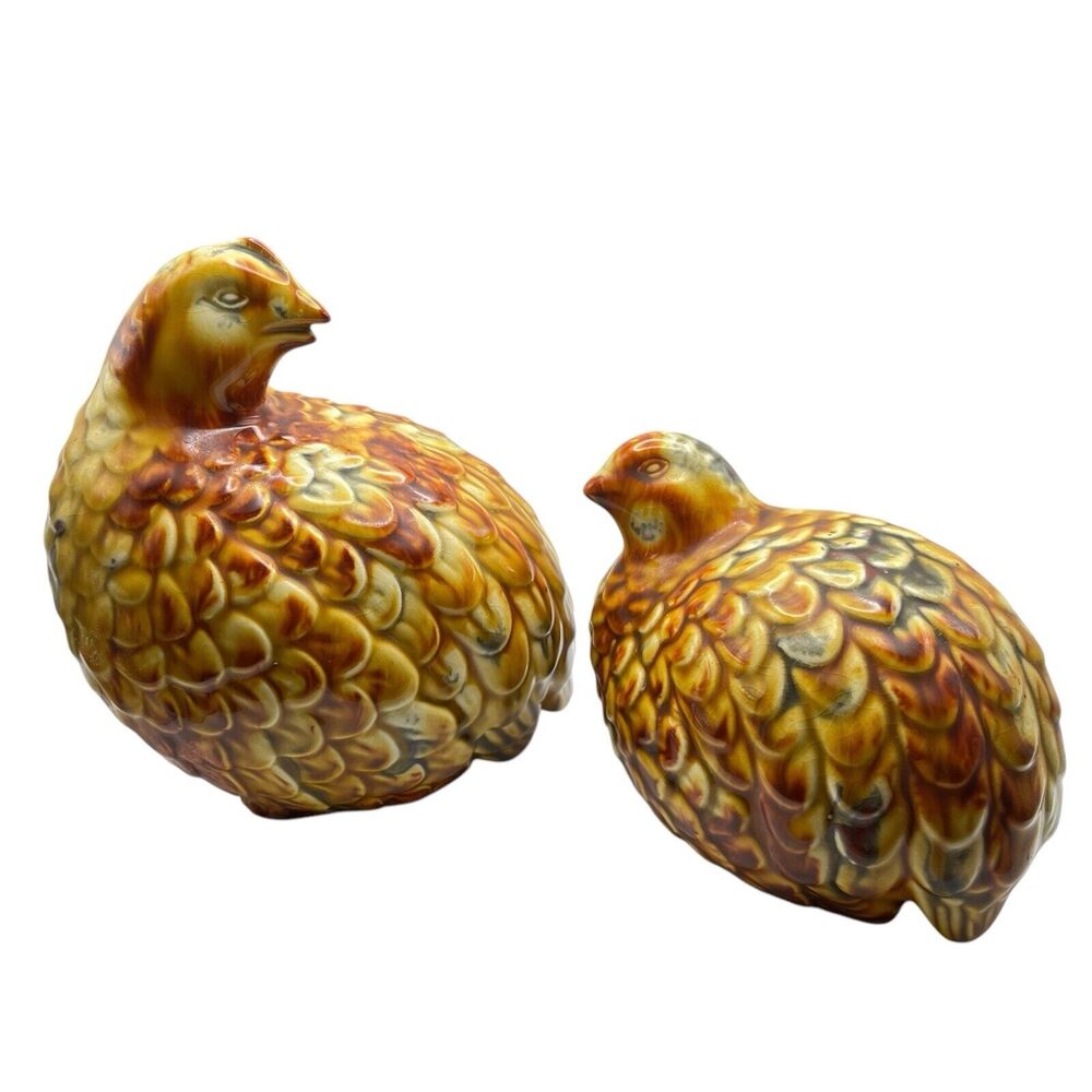 Quail Decor Vintage 1968 (or 1963) Hand Painted Set of Two Ceramic Kitsch Retro